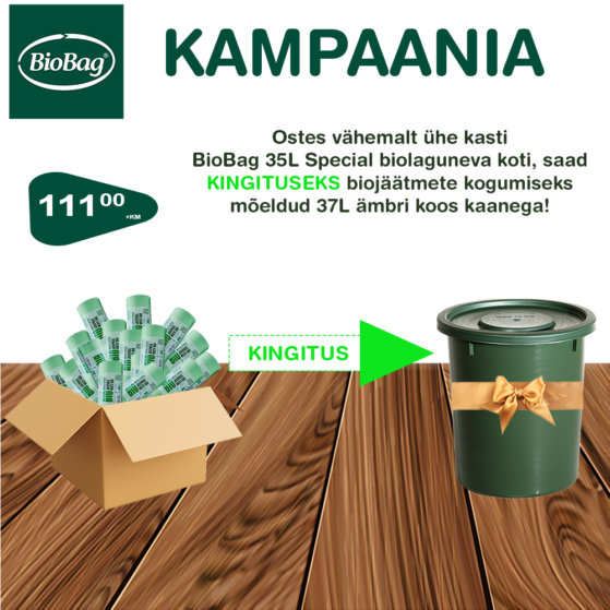 KAMPAANIA! BioBag 35L Special biolagunev kott toidujäätmetele 16 rulli ja 37L biojäätmete ämber kaanega