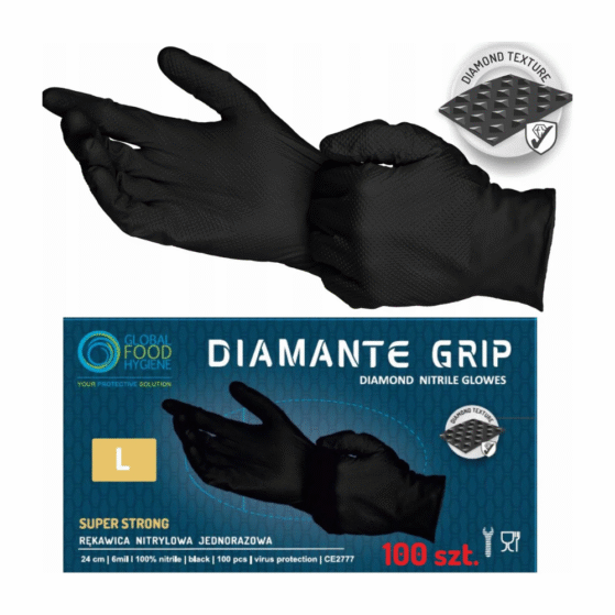 Diamante Grip mustad nitriilkindad puudrita L(9)100tk, kastis 10pk