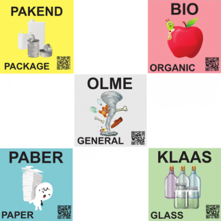 Jäätmekäitluse kleebised (olme,paber, pakend, bio, klaas) 12x12cm, 5tk